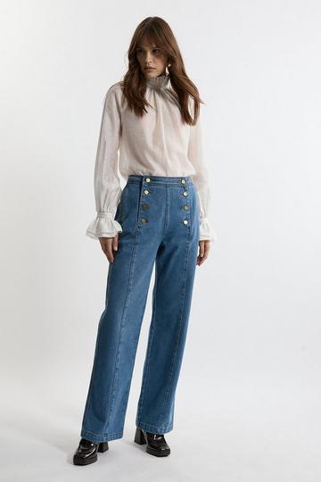 Denim Tailored Button Front Straight Leg Jeans indigo