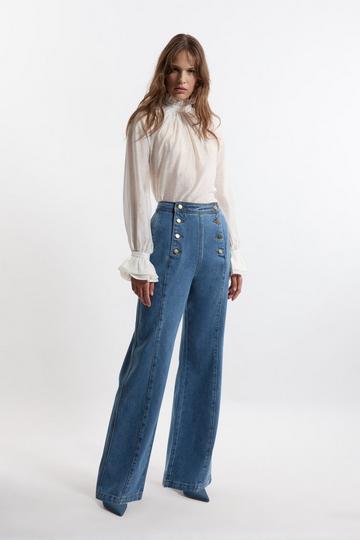 Denim Tailored Button Front Straight Leg Jeans mid blue