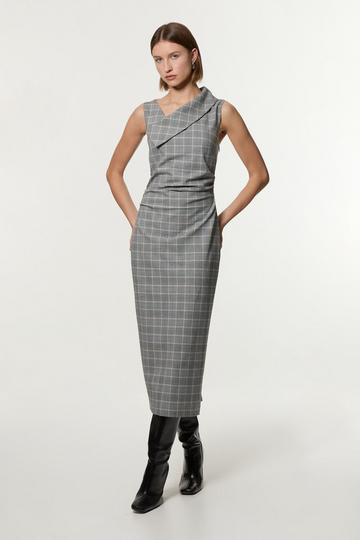 Grey Check Tailored Full Skirted Asymmetrical Maxi Dress grey