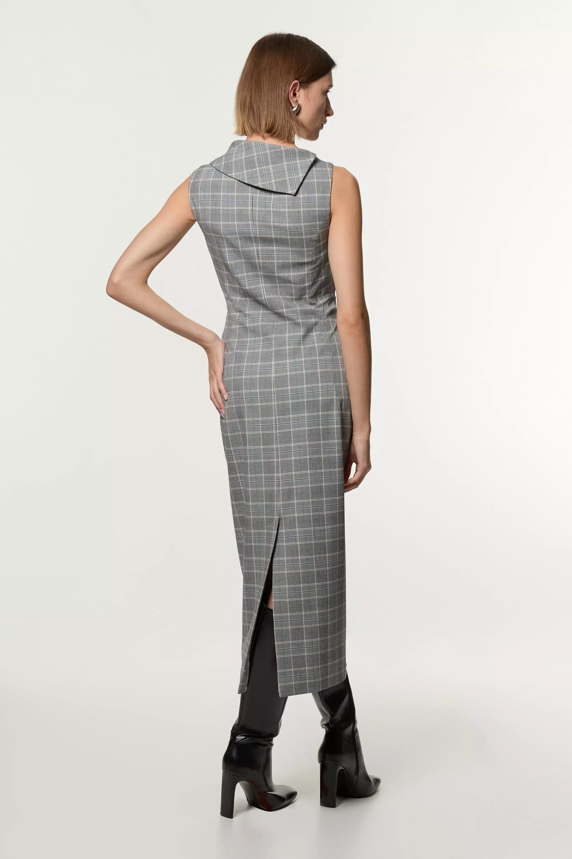 Grey Check Tailored Full Skirted Asymmetrical Maxi Dress
