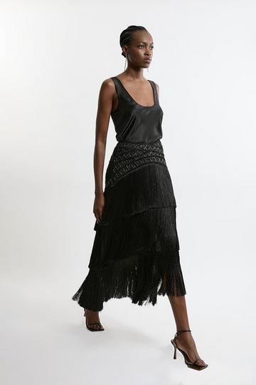 Black Petite Fringe And Beaded Woven Skirt