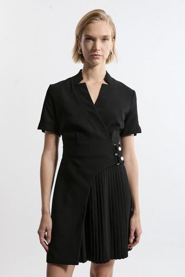 Black Tailored Crepe Military Pleat Notch Neck Wrap Mini Dress