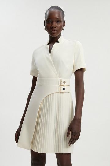 Tailored Crepe Military Pleat Notch Neck Wrap Mini Dress ivory