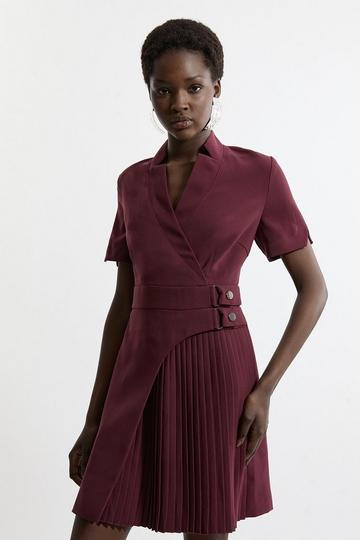 Tailored Crepe Military Pleat Notch Neck Wrap Mini Dress merlot