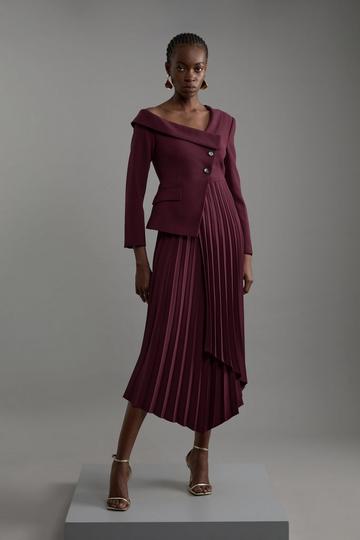 Tailored Crepe Asymmetric Pleated Midi Dress merlot