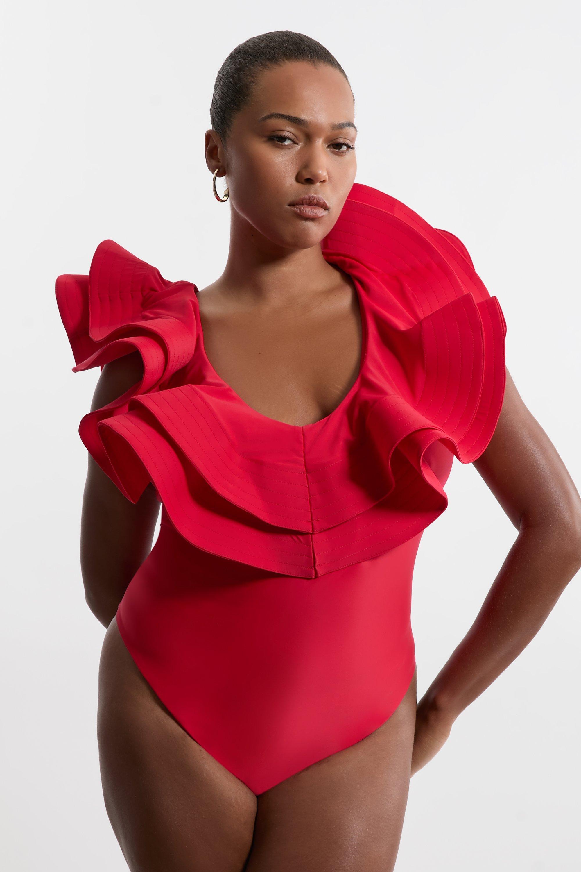 【新品】Volume Frill One Piece Swimsuit Mサイズ red-plus-size-drama-frill-