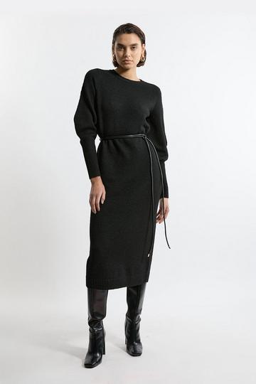 Black Tall Wool Blend Cosy Knit Belted Midi Dress