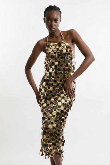 Gold Metallic Chainmail Strappy Midi Dress