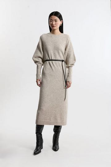 Wool Blend Cosy Knit Belted Long Sleeve Midi Dress ivory