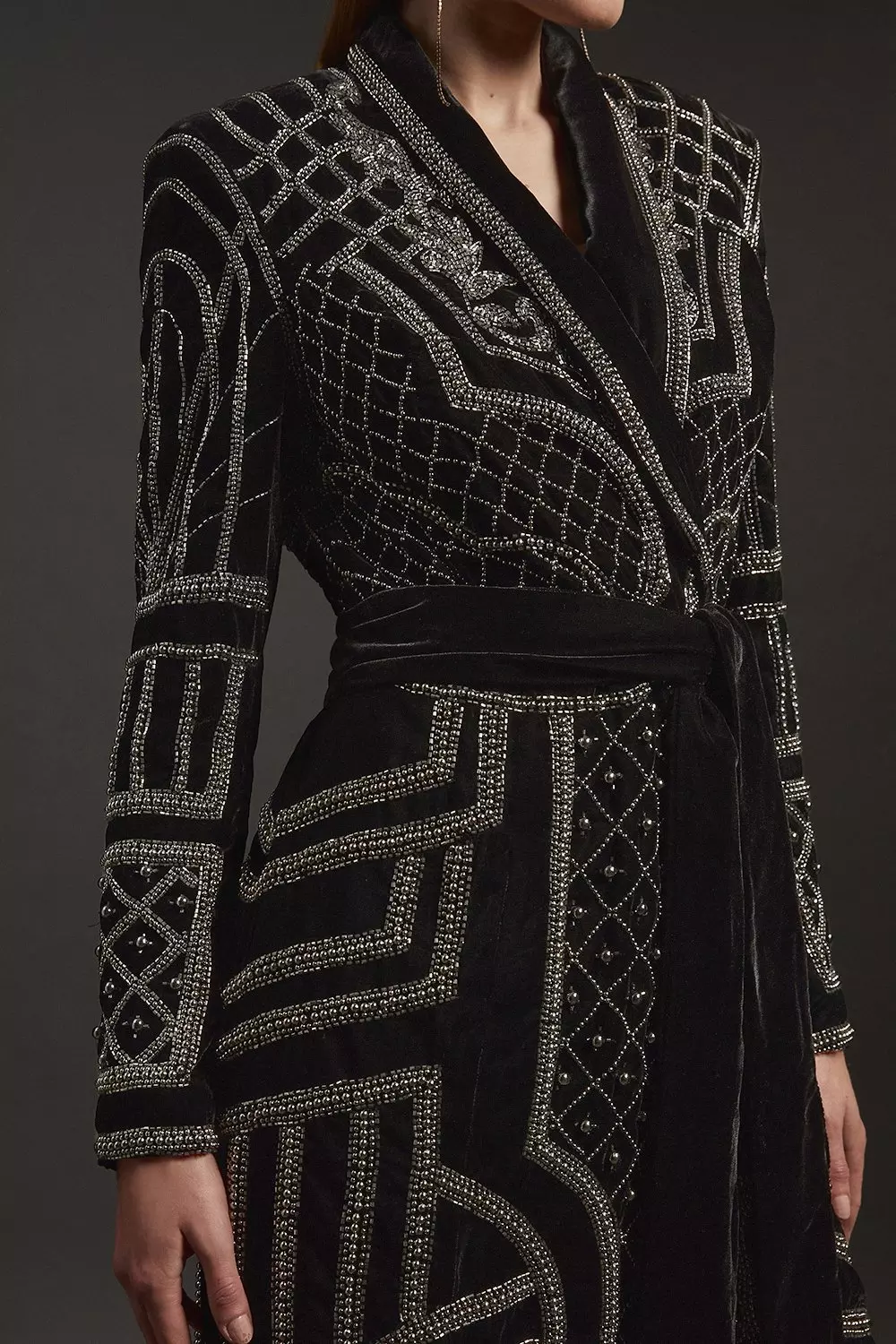 Petite Velvet Embellished Woven Maxi Blazer Dress | Karen Millen