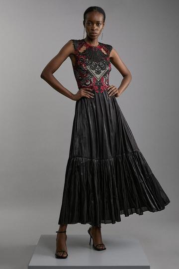 Black Cutwork Embroidery Pleated Maxi Dress