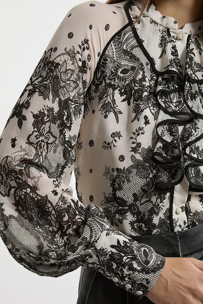 Viscose Crinkle Placed Lace Printed Blouse | Karen Millen Viscose Crinkle Placed Lace Printed Blouse | Karen Millen