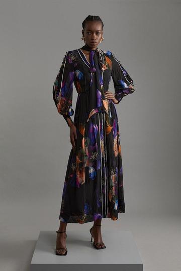 Printed Viscose Floral Border Print Maxi Dress floral