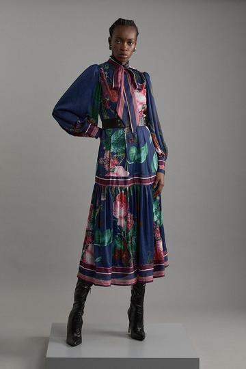 Floral Print Woven Balloon Sleeve Midaxi Dress floral