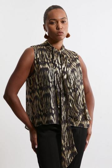 Plus Size Viscose Metallic Pussybow Woven Blouse gun metal