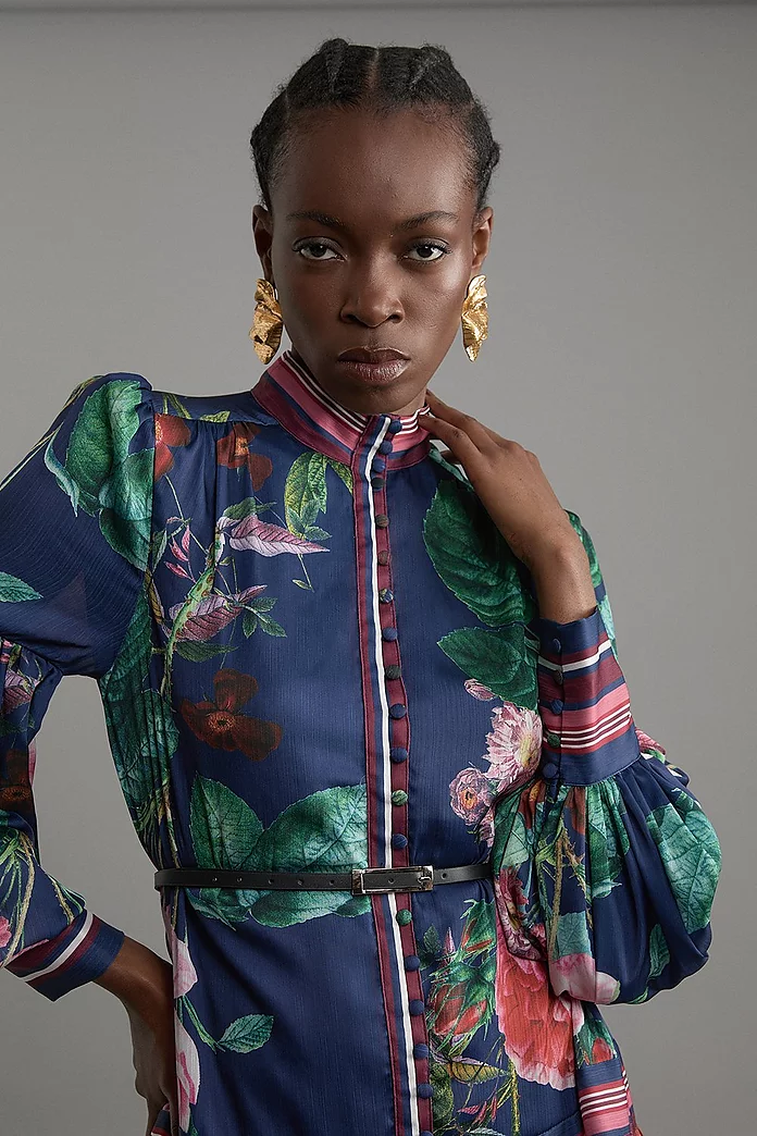 Petite Floral Print Woven Balloon Sleeve Belted Midi Dress Petite Floral Print Woven Balloon Sleeve Belted Midi Dress
