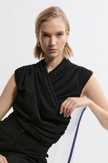 Wrap Textured Jersey V Neck Top black