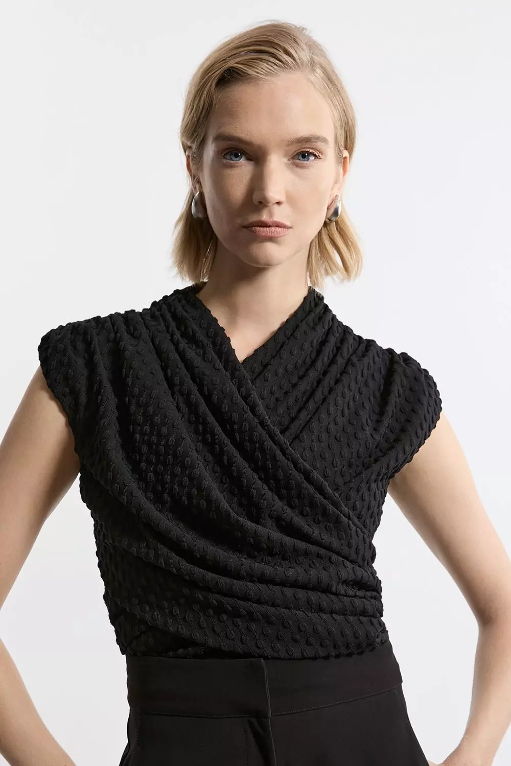 Wrap Textured Jersey V Neck Top | Karen Millen