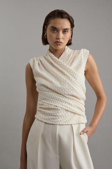 Wrap Textured Jersey V Neck Top ivory