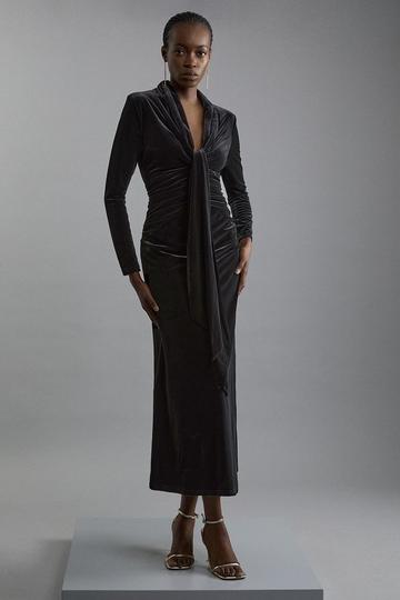 Black Velvet Long Sleeve Wrap V Neck Maxi Dress