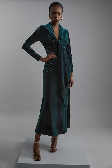 Velvet Long Sleeve Wrap V Neck Maxi Dress emerald