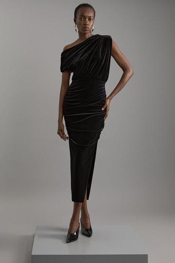 One Shoulder Jersey Draped Midi Dress black