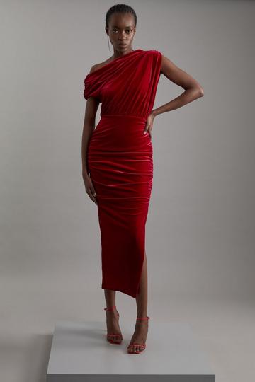 One Shoulder Jersey Draped Midi Dress red