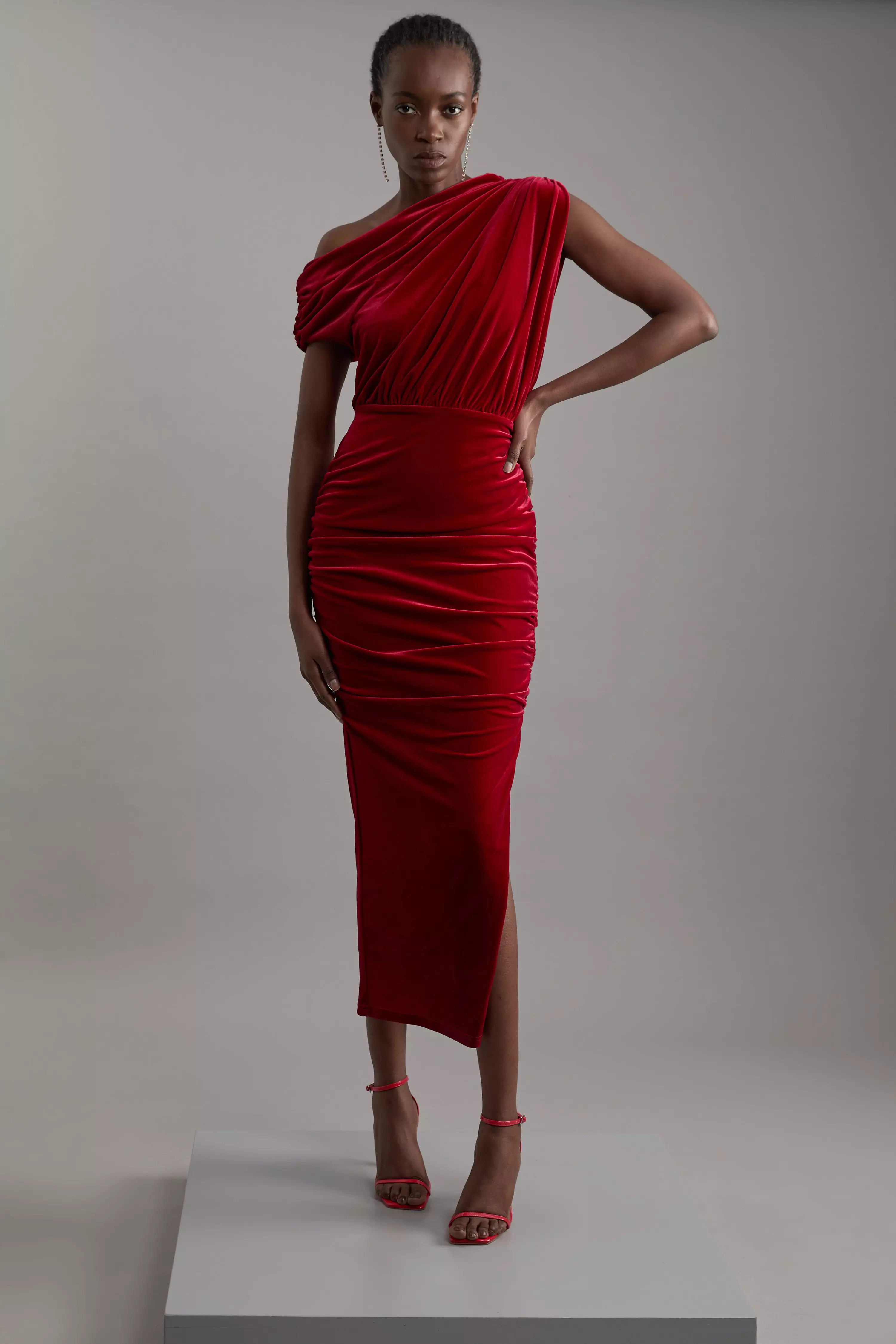 One Shoulder Jersey Draped Midi Dress Karen Millen