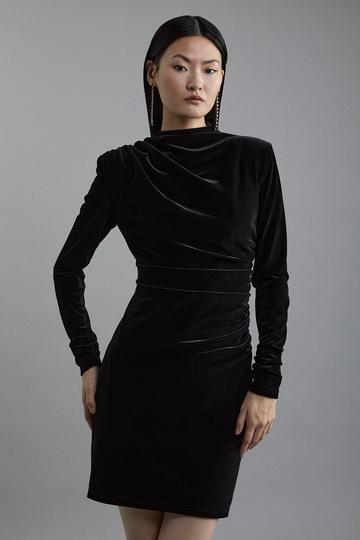 Velvet Long Sleeve Detail Midi Dress black