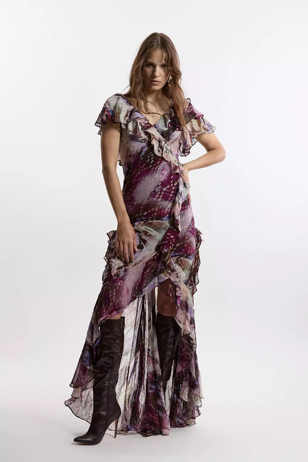 Tall Ruffle Detail Metallic Thread Maxi Dress Karen Millen