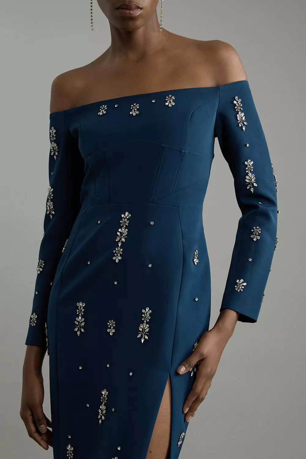 Crystal Embellished Corset Detail Off The Shoulder Woven