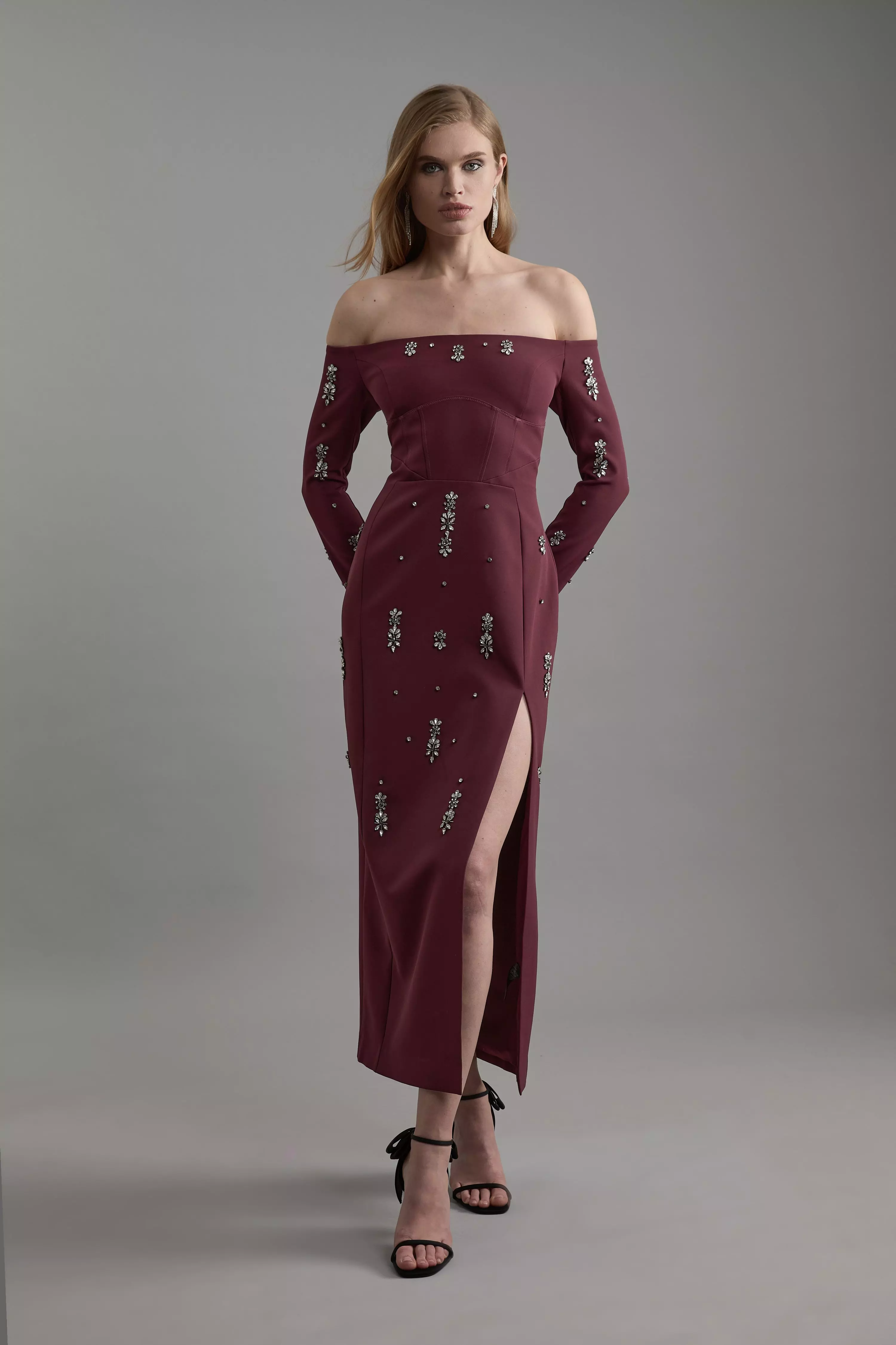 Embellished bardot dress best sale