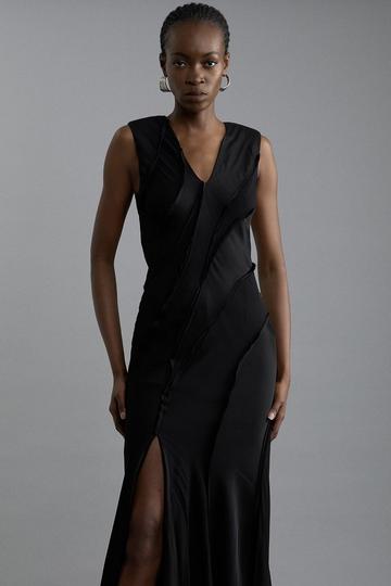 Black Premium Viscose Satin Panelled Strong Shoulder Woven Maxi Dress