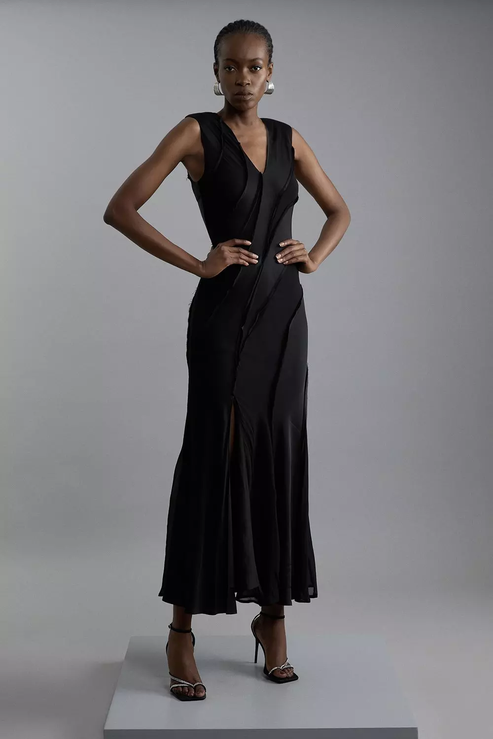 Premium Viscose Satin Panelled Strong Shoulder Woven Maxi