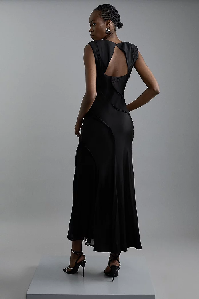 Premium Viscose Satin Panelled Strong Shoulder Woven Maxi Premium Viscose Satin Panelled Strong Shoulder Woven Maxi
