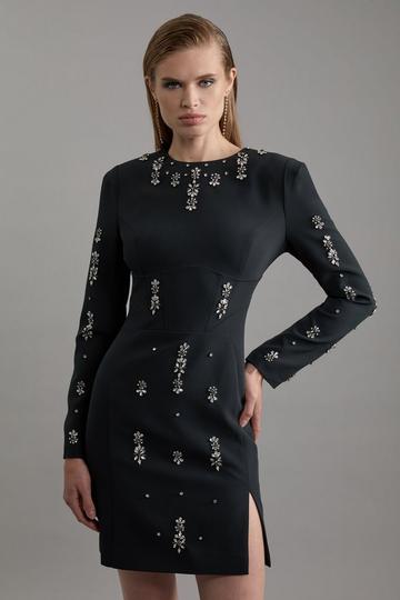 Black Crystal Embellished Corset Detail Woven Mini Dress