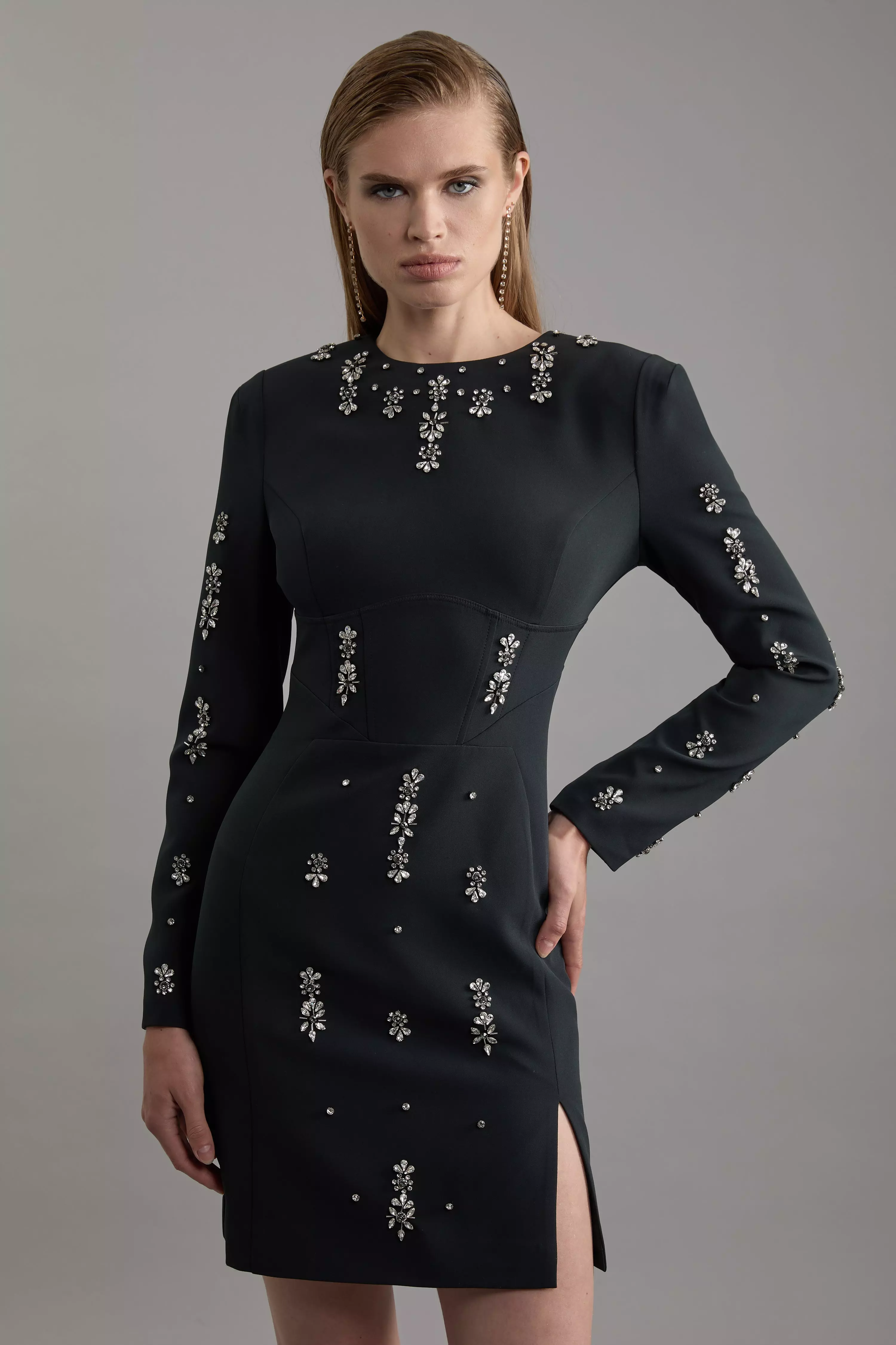 Black Crystal Sheath Bodycon Party Dress