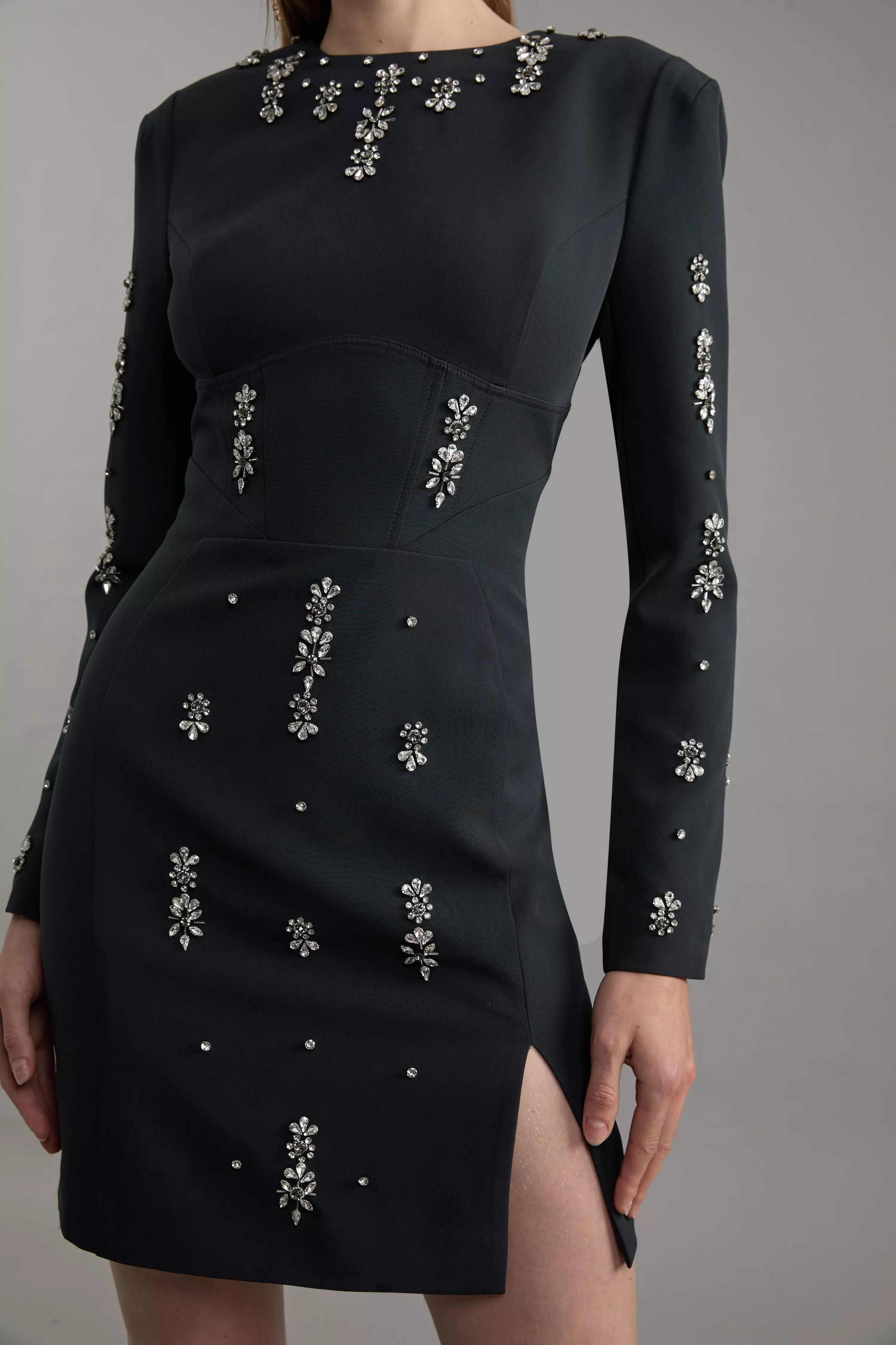 Crystal Embellished Corset Detail Woven Mini Dress | Karen