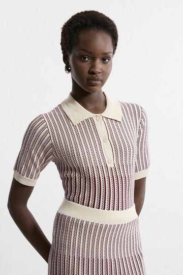 Viscose Blend Jacquard Knit Polo Top multi