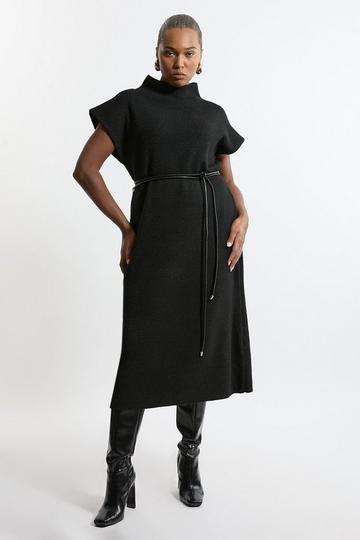 Black Plus Size Wool Blend Cosy Knit Belted Midaxi Dress