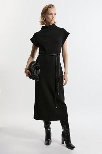 Black Wool Blend Cosy Knit Belted Midaxi Dress