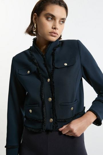 Navy Compact Stretch Tailored Cropped Collarless Jacket