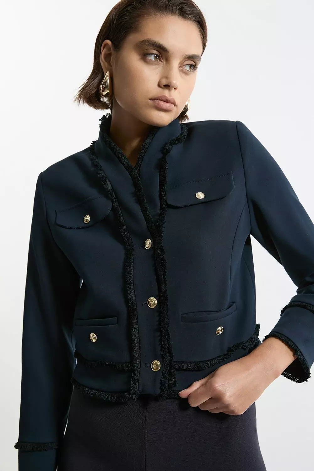 Karen Millen Womens Compact Stretch Tailored Cropped Collarless Jacket Navy Size 4