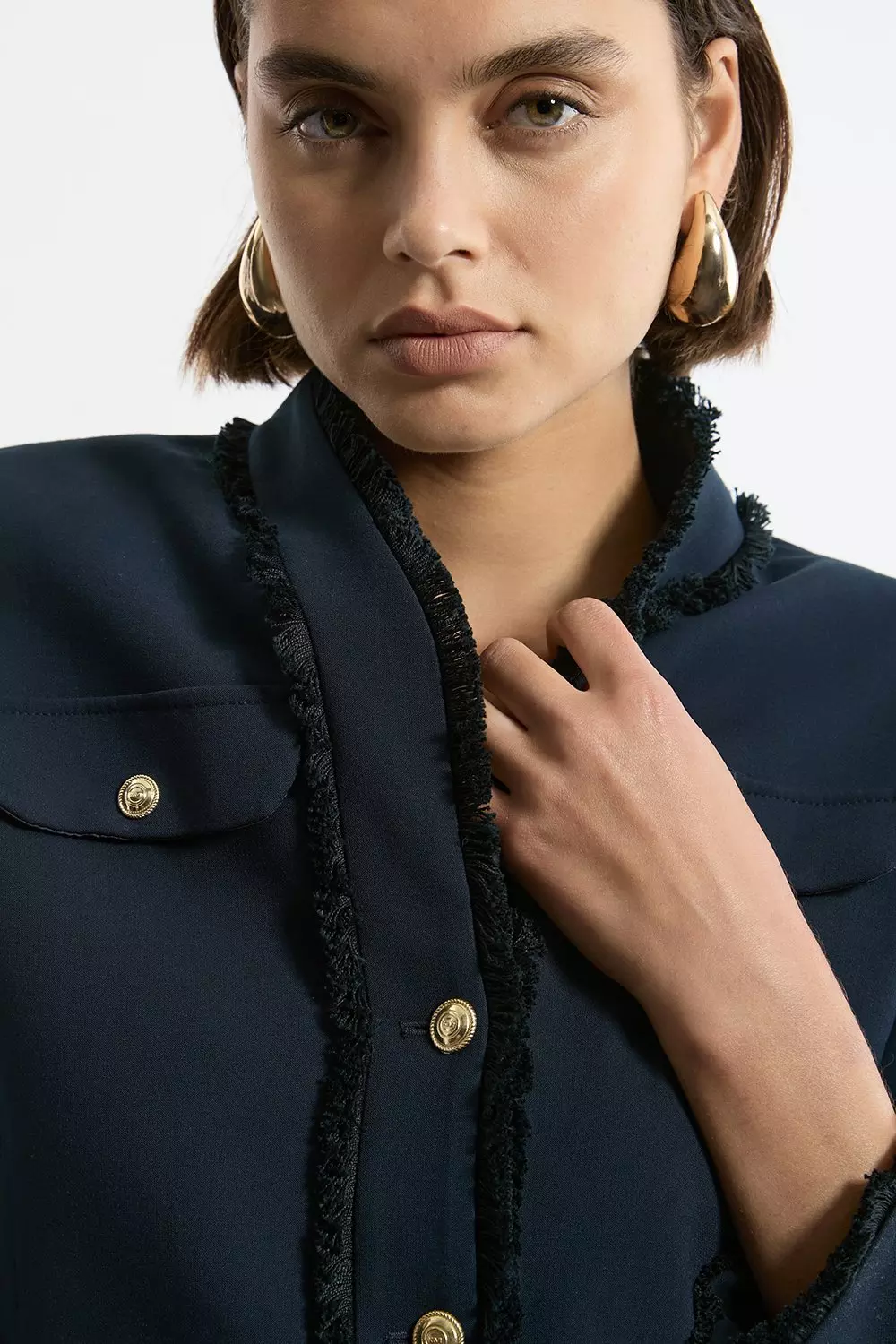 Collarless cropped jacket clearance
