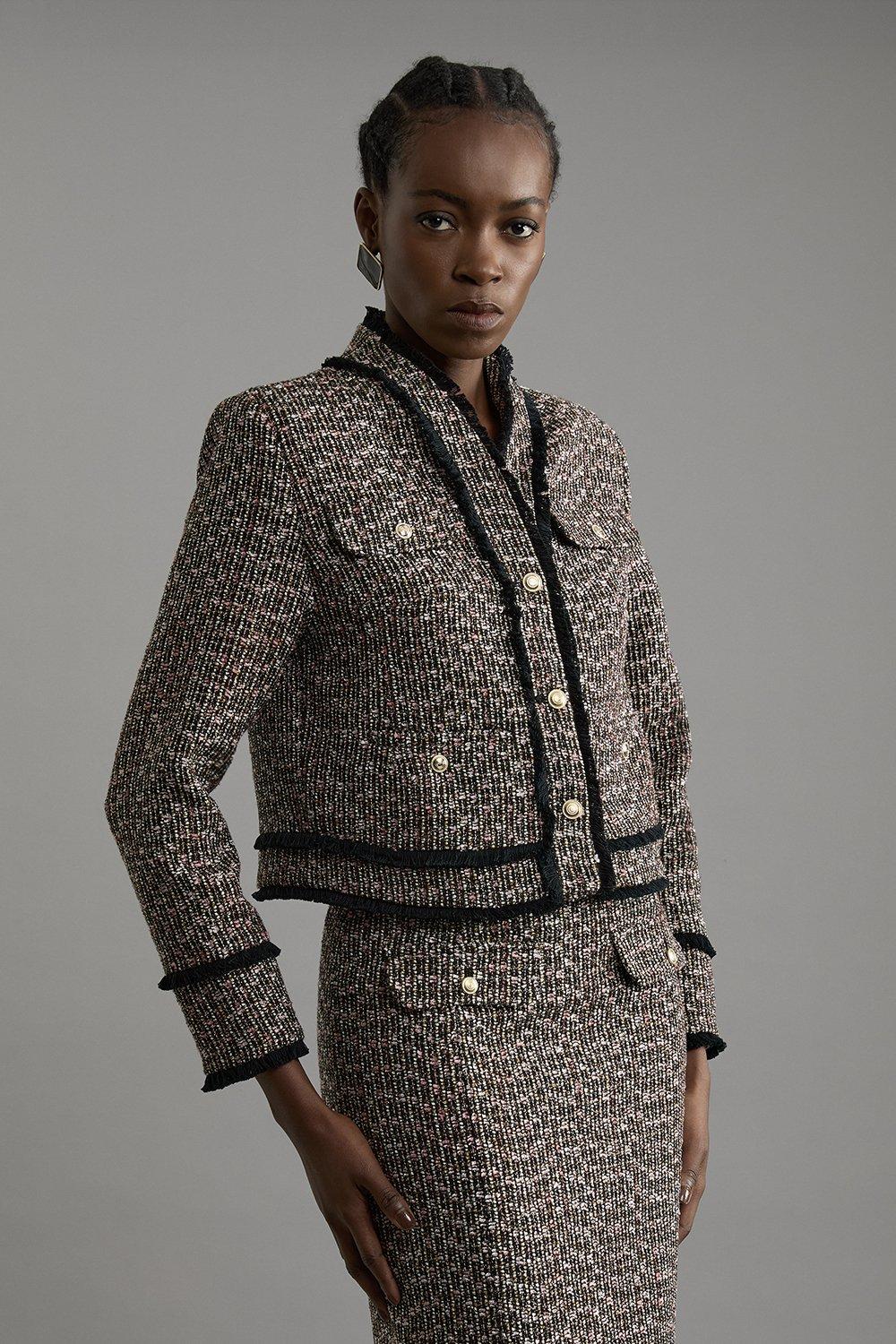 Multi Wool Mix Boucle Tailored Cropped Collarless Jacket