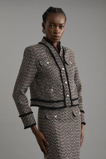 Wool Mix Boucle Tailored Cropped Collarless Jacket multi