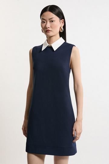 Compact Stretch Tailored Collared Sleeveless Dress navy