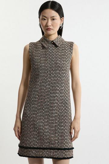 Wool Mix Boucle Tailored Collared Sleeveless Dress multi