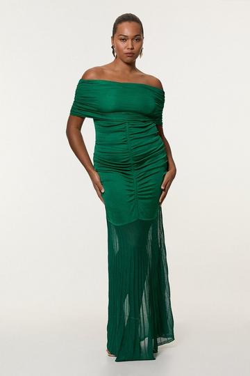 Green Plus Size Viscose Blend Slinky Sheer Knit Off The Shoulder Maxi Dress