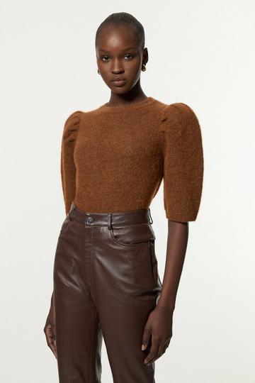 Alpaca Wool Fluffy Knit Crew Neck Top chocolate